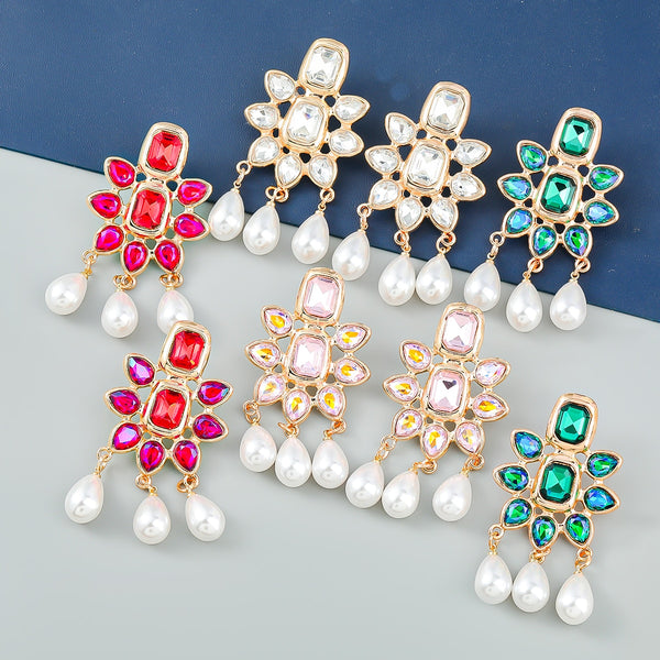 Fashion Metal Rhinestone Imitation Pearl Geometric Earrings Women