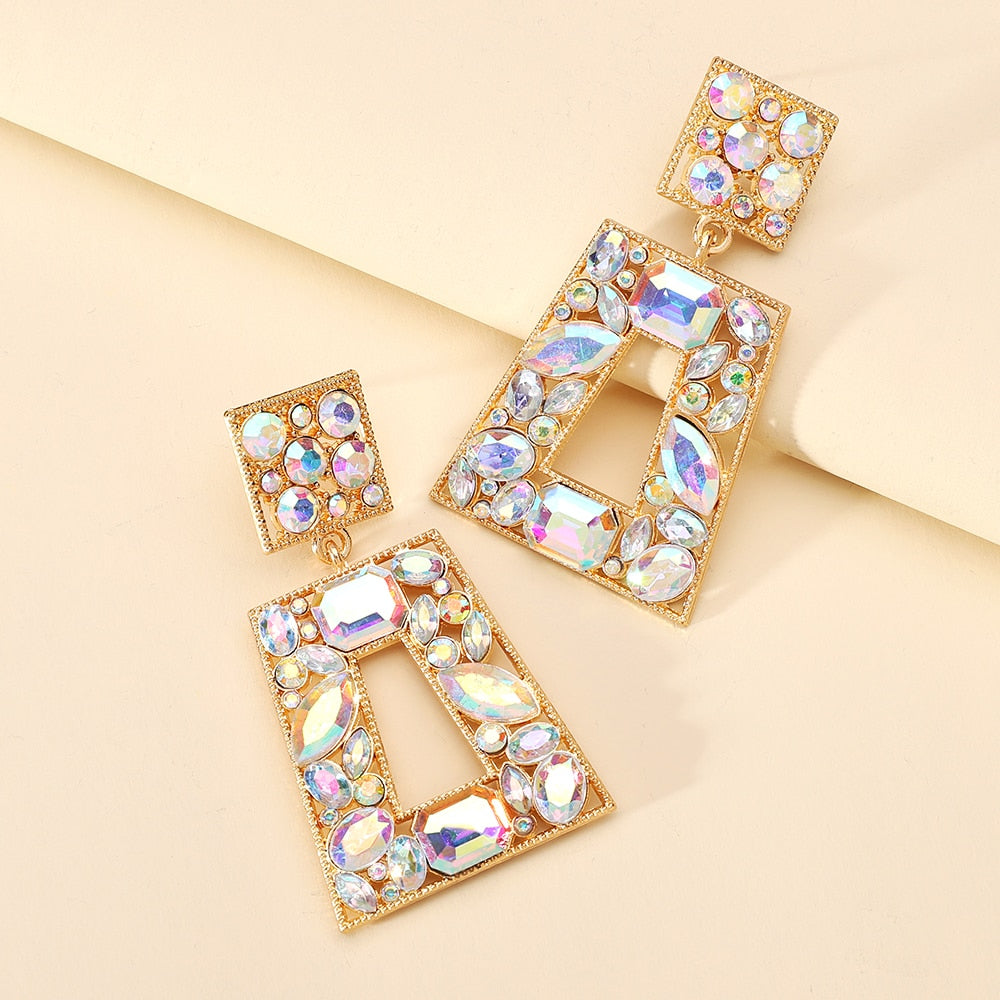 Fashion Metal Hollow Crystal Geometric Dangle Earrings For Women