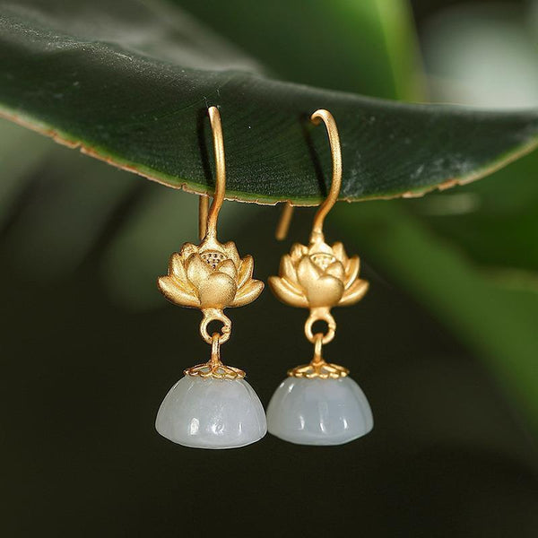 New ancient gold craftsmanship inlaid natural Hetian jade retro style lotus earrings