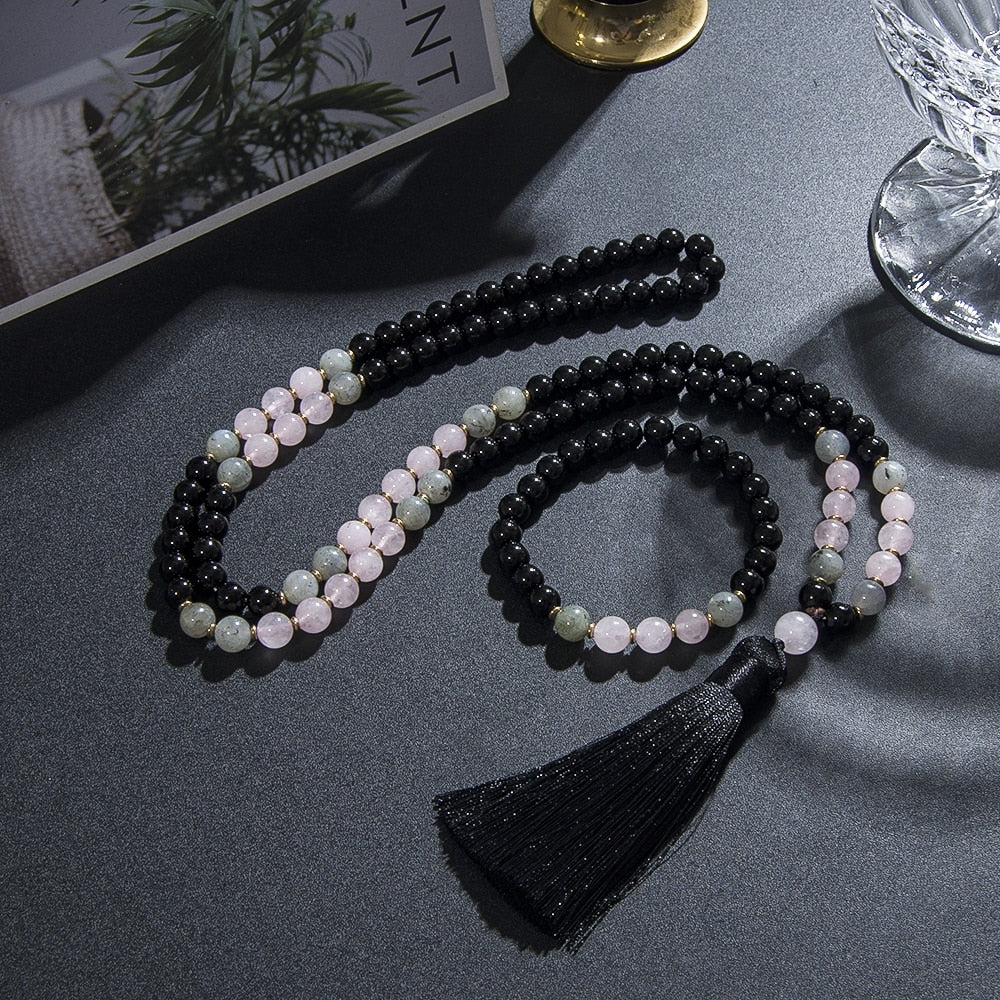 8mm Black Onyx Rose Quartz Labradorite Beaded 108 Japamala Necklace