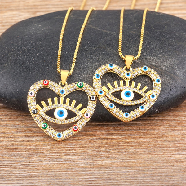 Romantic Heart Shape Crystal Zircon Turkish Evil Eye Pendant Necklace