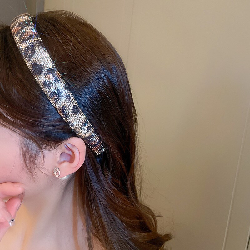 Shiny Full Rhinestone Headbands Leopard Color Hairbands Velvet Headwear for Women