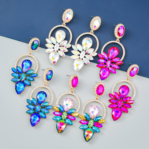 Fashion Metal Flower Rhinestone Geometric Earrings Women