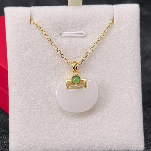 New Design Gilt Inlaid Zircon Natural Hetian Jade White Geometric Necklace Pendant