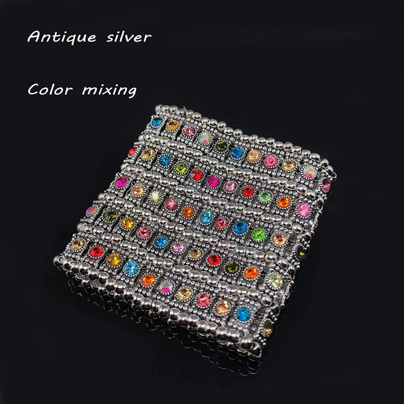 Classic Fashion Elastic Wide Bracelets Retro Punk Exaggerated Five Row Crystal Retractable  Beaded