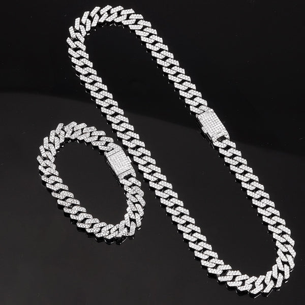 13mm Iced Out Rhombus Prong Cuban Link Chain Necklace for Women