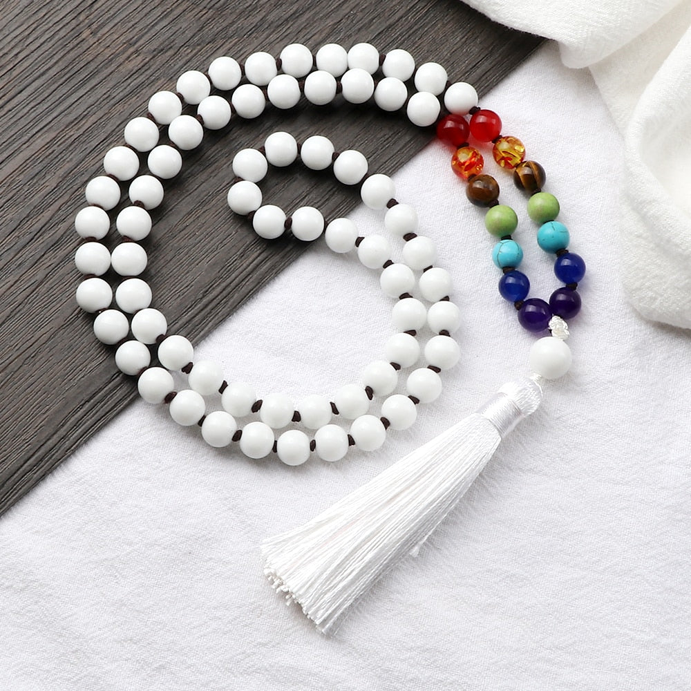 Women Bright White Color Beads Chakra Stretch Necklace