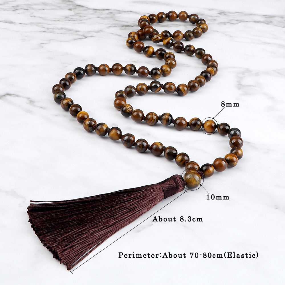 Trendy Men Beads Necklaces 8mm Natural Tiger Eye Stone Knotted Tibetan Buddhist Mala Necklaces