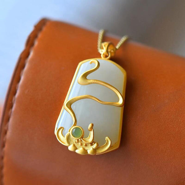 Ancient gold craft inlaid natural Hetian white jade art geometric pendant women