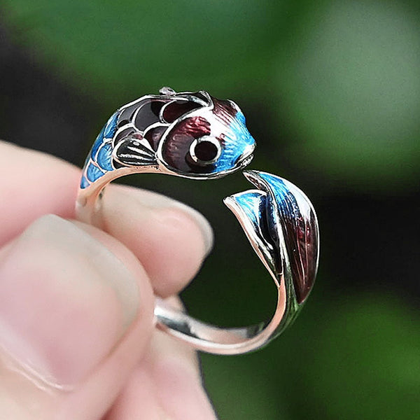 Silver Enamel Color Koi Fish Adjustable Ring