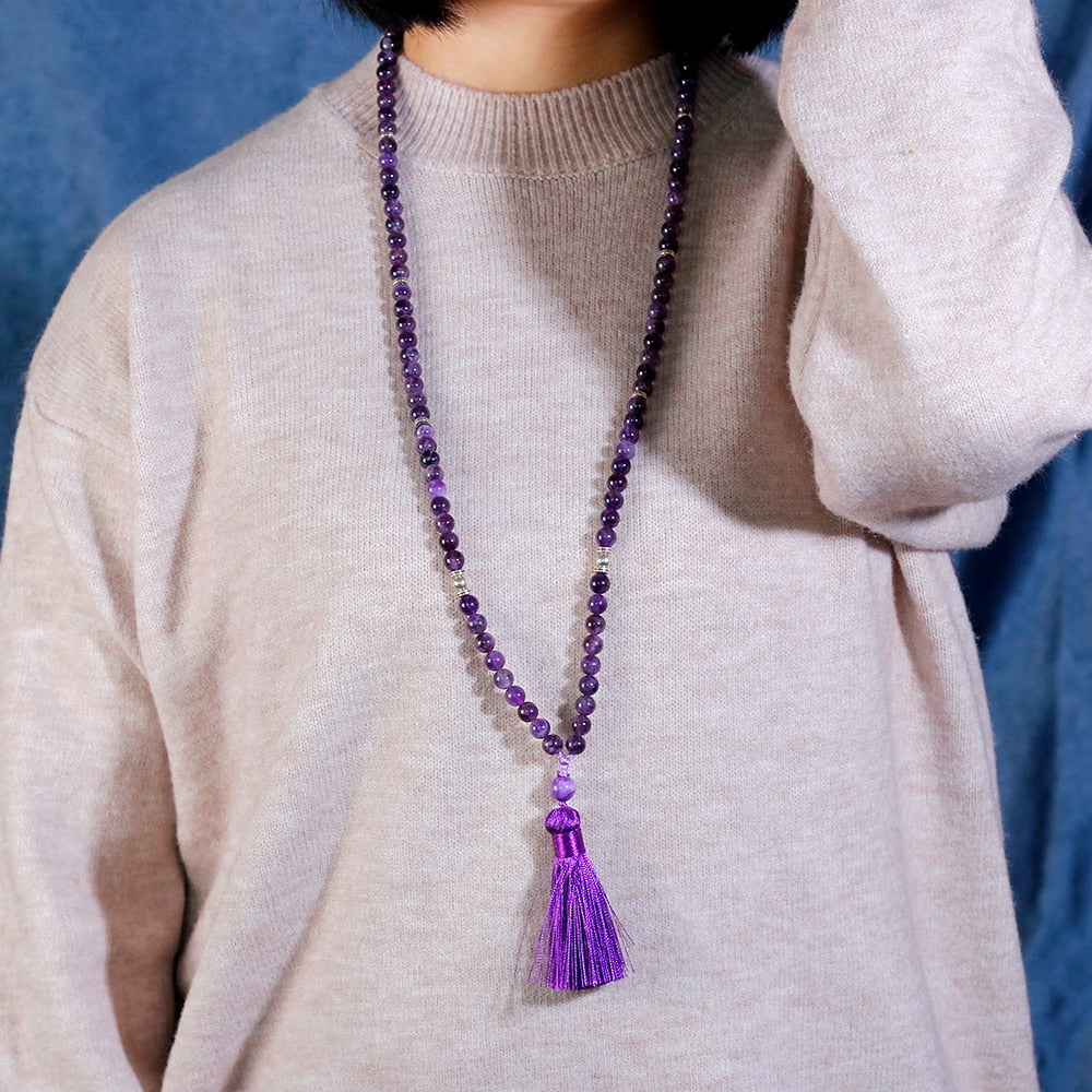 8mm Amethyst Necklace with tassel, Peaceful Heart Calming JaPaMala