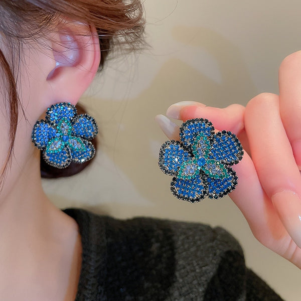 Full Rhinestone Crystal Stud Earrings for Women Blue Flower Crystal Earrings