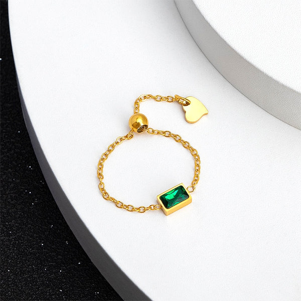 New Fashion Stainless Steel Chain Adjustable Green Zircon Rings Women