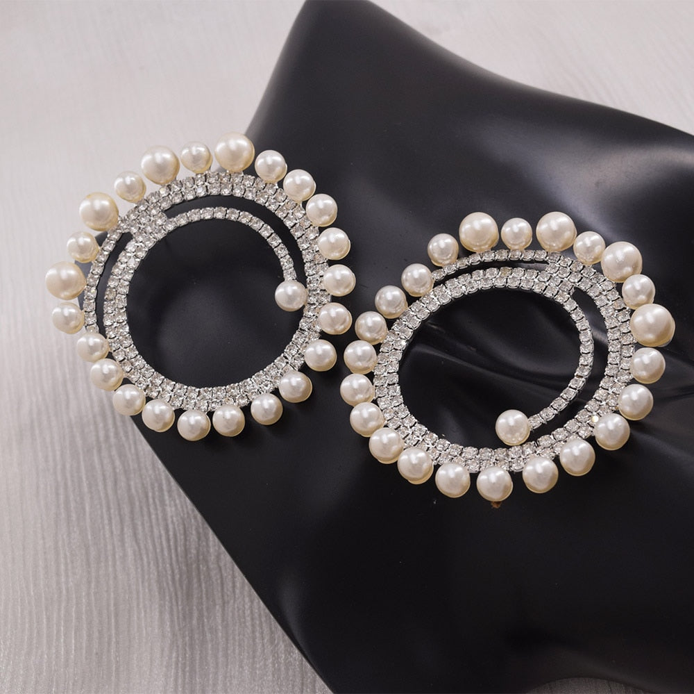 7cm Stud Earring for Women Exquisite Cream Pearl Rhinestones Jewelry