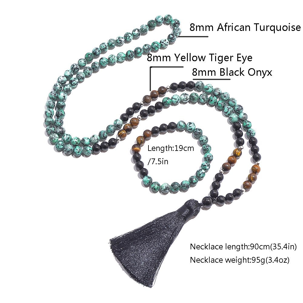 8mm African Turquoise Black Onyx Tiger Eye Beads Necklace Bracelet Japamala Set