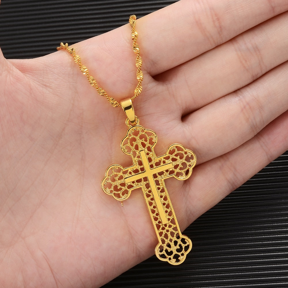 24k Fashion Big Cross Jesus Twisted Wave Necklace for Men