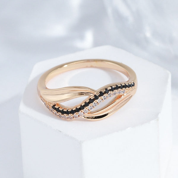 Geometric Twist Double Black White Zircon Women Rings