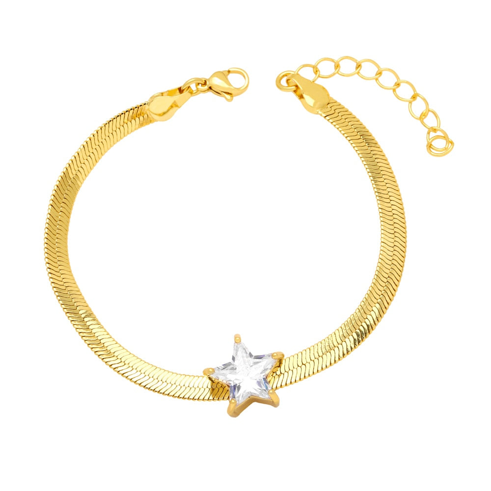 Thick Gold Plated Snake Chain Bracelets for Women Copper CZ Rhinestone Star Bracelets