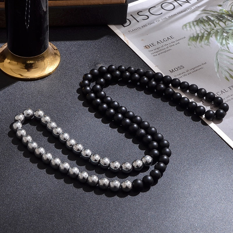 8mm Mattle Black Onyx with Hematite Beaded Long Necklace