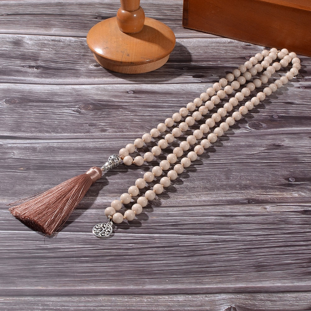 8mm White Fossil Beads Knotted 108 Mala Necklace Meditation Prayer Yoga Jewelry