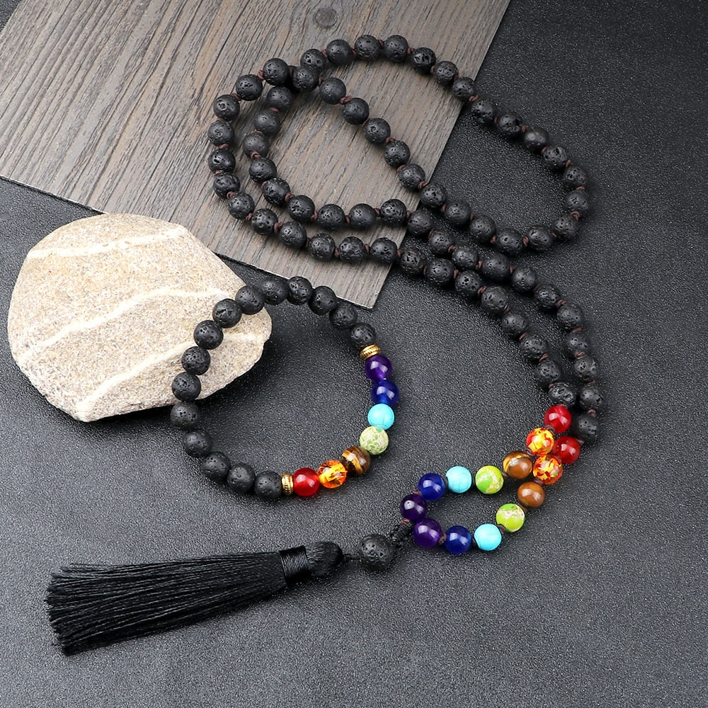 2pcs/set Men Black Onyx Beaded 7 Chakra Bracelets Necklaces