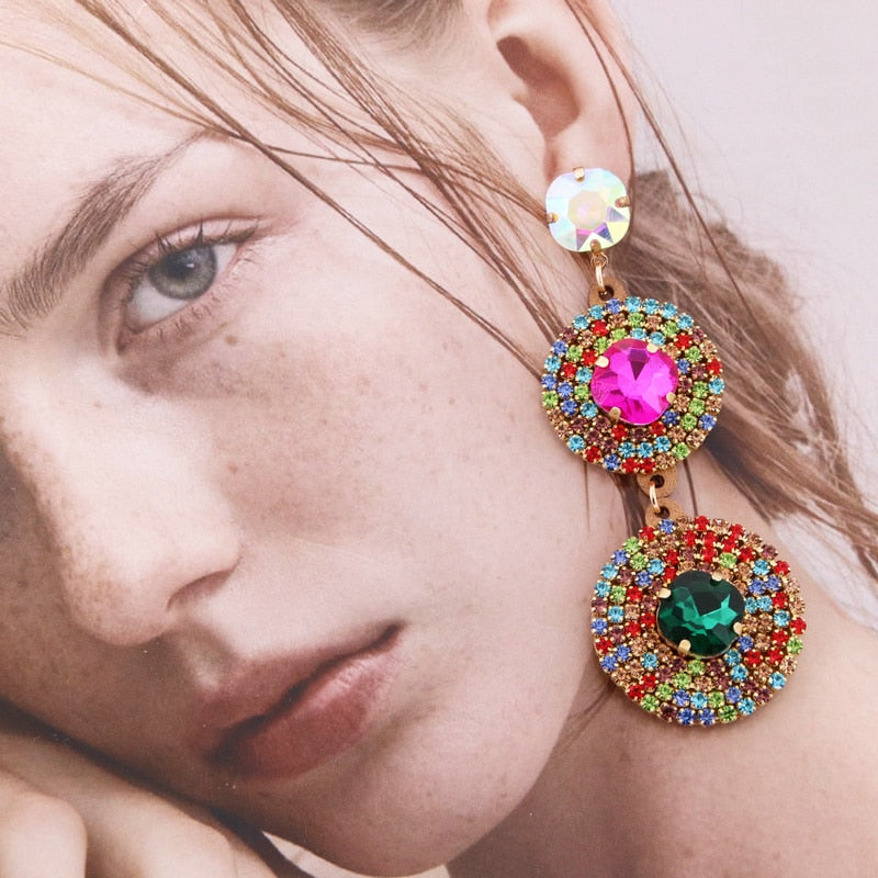 New Colorful Rhinestone Earrings For Women Long Drop Earrings Statement Crystal Earrings