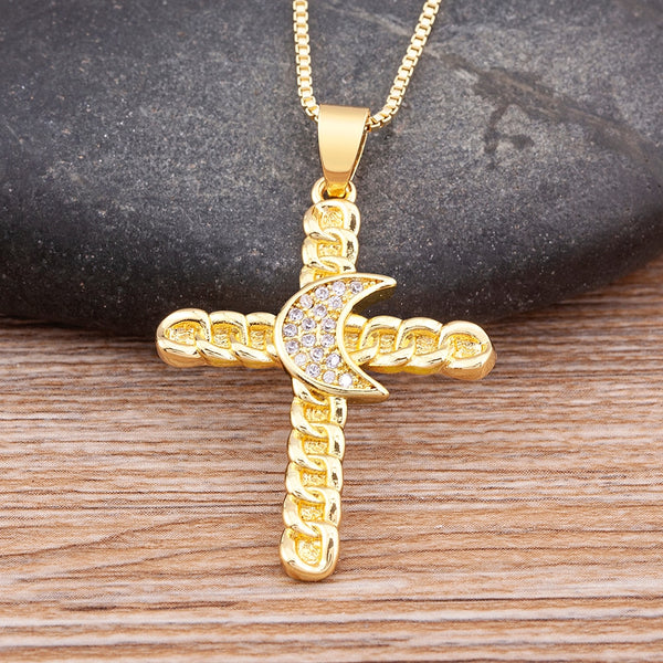 Top Quality Classic Moon Shaped Cubic Zirconia Cross Necklace Women