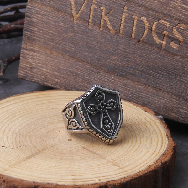 16L Stainless Steel Warrior Cross Shield Knight Templar Ring Jewelry with wooden box