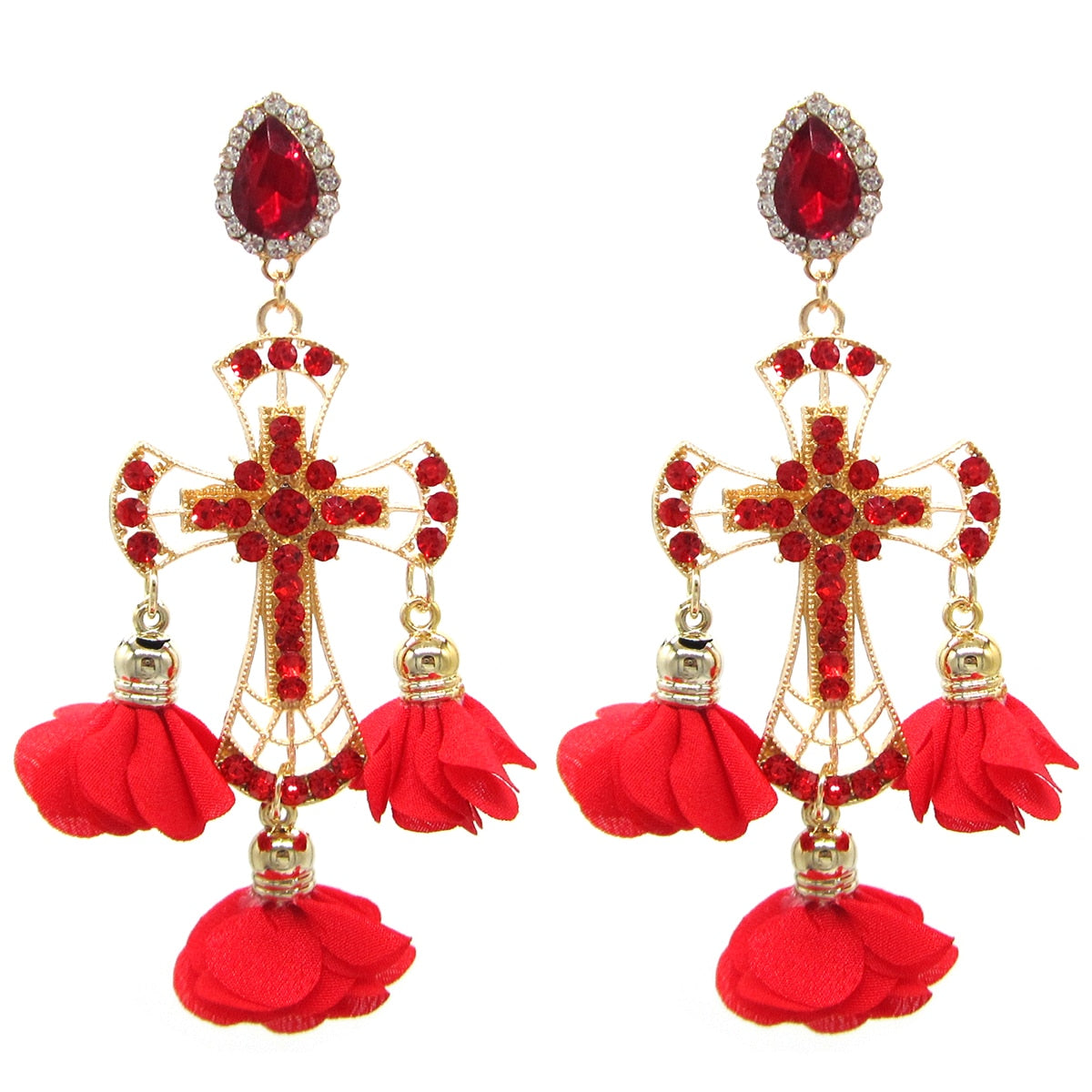 Statement Alloy Long Pendant Rhinestones Tassel Flower Earrings For Women