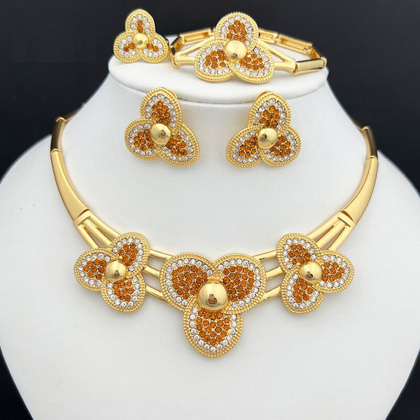 Dubai Gold Plated Jewelry Sets For Women Flower Necklace Earrings Set