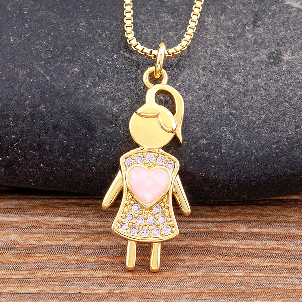 Fashion Crystal Girl Inlaid Pink Shell Heart Shape Pendant Zircon Necklace Women