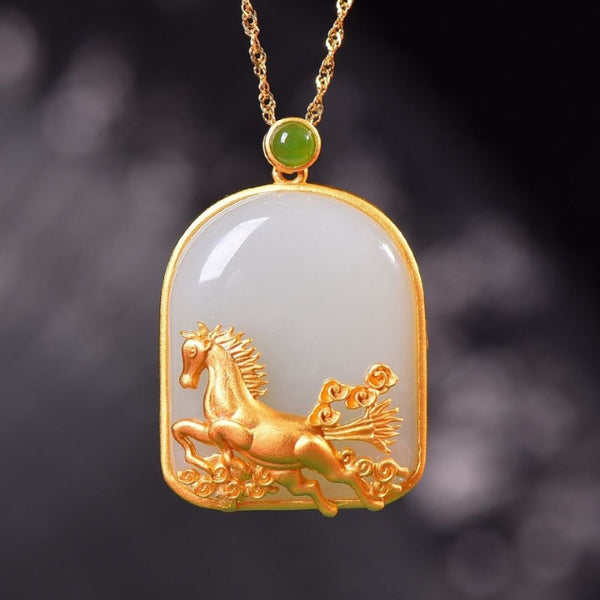 Classic Ancient gold craft inlaid natural Hotan jade steed necklaces