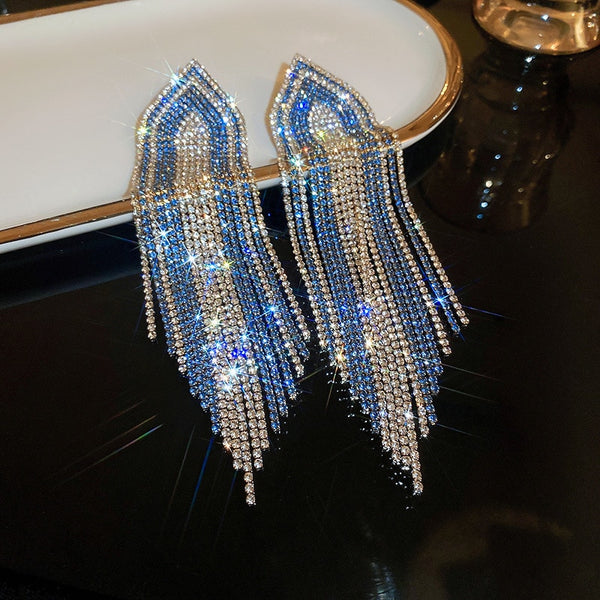 New Long Blue Rhinestone Tassel Drop Earrings for Women