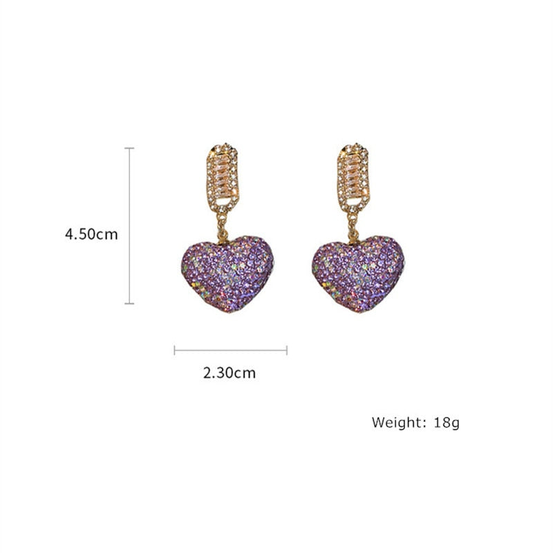 Sweet Purple Love Heart Crystal Dangle Earrings Women Shine Rhinestone Earrings