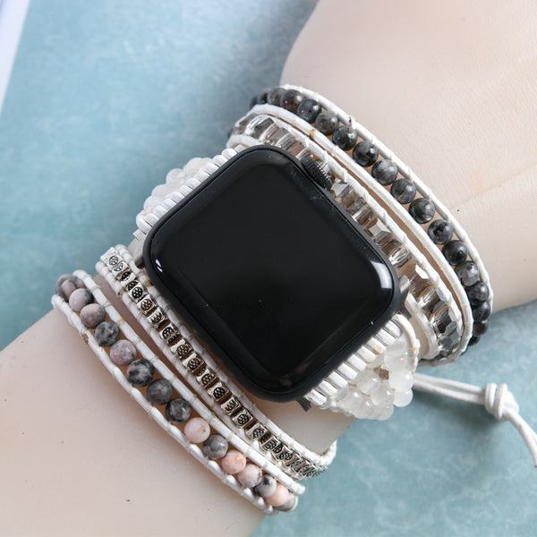 Women Natural Agate Stone Apple Watch Leather Strap Healing Beaded Band Smartwatch Bracelet