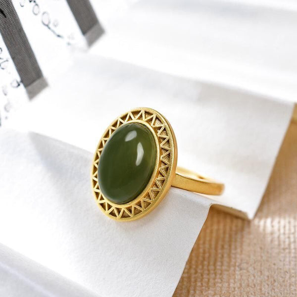 Original design inlaid natural Hetian green jade oval opening adjustable ring