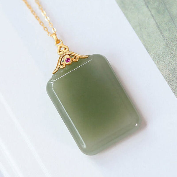 New diamond-encrusted natural Hetian jade rectangular necklace pendant