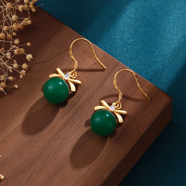 Ancient gold craft Natural Hotan Jade Ball Eardrop Bowknot earrings for women