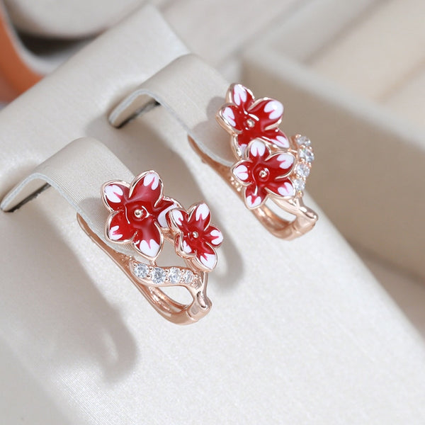 Vintage Red White Enamel Hand Flower Drop Earrings