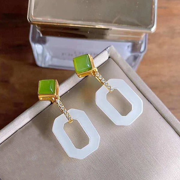 Original Design Inlaid Natural Hetian Chalcedony Geometric Frame Hollow Earrings