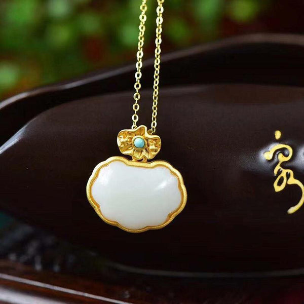 Natural Hetian jade lotus canopy Pendant Necklace