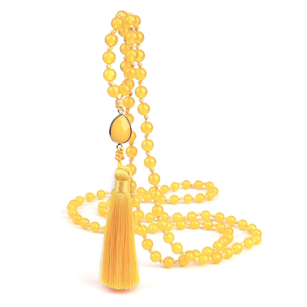 Fashion 108 Mala Natural Yellow Chalcedony Beads Necklaces For Women