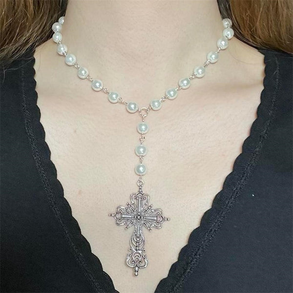 White Pearl Cross Rosary Handmade Beaded Pearl Chain Beads Necklace