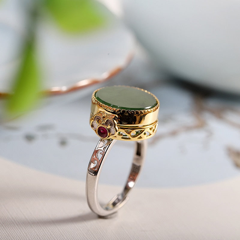 New silver round natural Hetian jasper rings for women