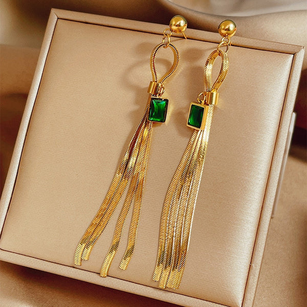 316L Stainless Steel Green Zircon Long Pendant Tassel Drop Earrings For Women