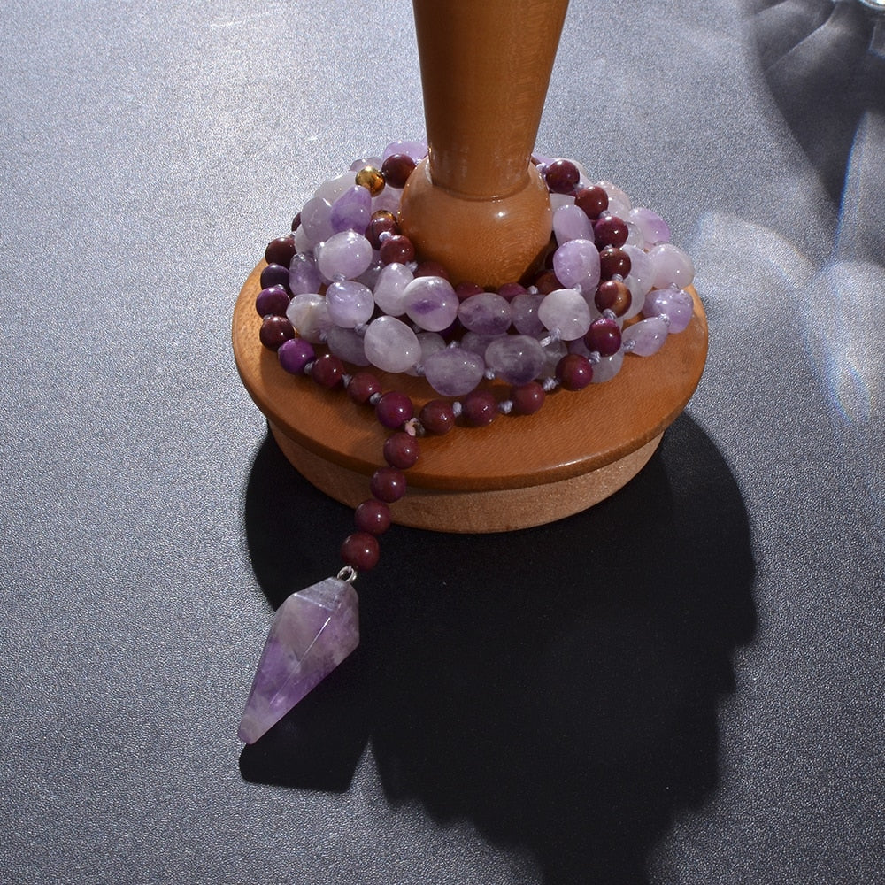 Irregular Natural Amethyst Bead Knot 108 Mala Necklace