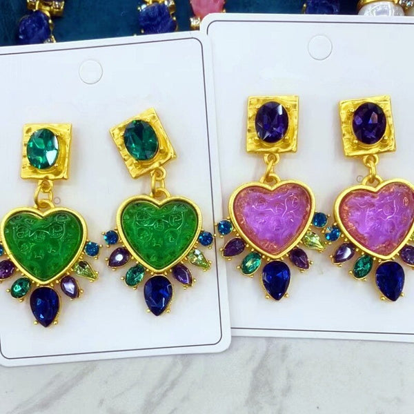 Fashion Retro Statement Green Purple Crystal Resin Metallic Square Heart Drop Dangle Earrings For Women