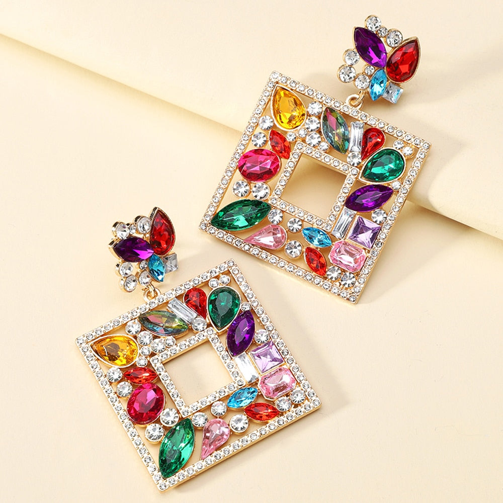 New Square Colorful Crystal Big Dangle Drop Earrings For Women