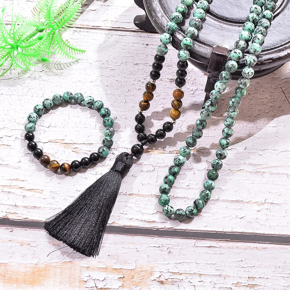 8mm African Turquoise Black Onyx Tiger Eye Beads Necklace Bracelet Japamala Set