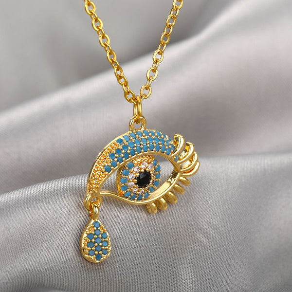 Stainless Steel Evil Eye Blue Rhinestone Pendant Necklaces